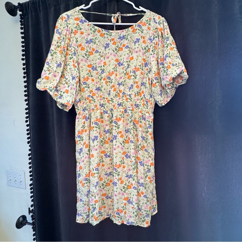 Floral puff sleeve mini Dress‎ Spring Easter Wedding Guest Vacation Smock waist